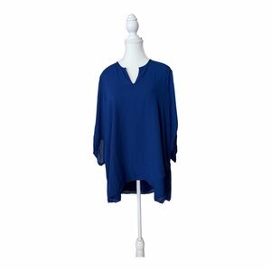 Cristina B Cobalt Blue Flowy Blouse Roll Tab Sleeve Split Neck Top L